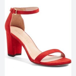 Stuart Weitzman Nearlynude Suede Ankle Strap Block Heel Sandals In Red Suede